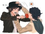  2boys animification arm_up black_hair black_hat brown_hair commentary_request cropped_torso fedora food food_in_mouth hands_up hat hidari_shoutarou highres holding holding_food jewelry kamen_rider kamen_rider_w long_sleeves looking_at_another male_focus multiple_boys open_mouth philip_(kamen_rider) purple_eyes ring short_hair simple_background spoken_expression teeth uechi_0312 white_background 