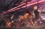  2girls 5boys arm_cannon armor armored_boots bare_shoulders barret_wallace beard black_gloves black_hair black_skirt black_thighhighs blonde_hair blue_eyes blue_jacket boots breasts brown_vest cape cid_highwind cloak cloud_strife crop_top cropped_sweater dark-skinned_male dark_skin elbow_gloves english_commentary facial_hair fighting_stance final_fantasy final_fantasy_vii final_fantasy_vii_remake final_fantasy_vii_revelation fire flame-tipped_tail full_body gauntlets gloves green_pants green_sweater headband highres jacket large_breasts long_hair multiple_boys multiple_girls orange_fur pants red_boots red_cape red_cloak red_hair red_xiii short_hair shorts shoulder_armor single_gauntlet skirt sleeveless sleeveless_turtleneck socks spiked_hair spykeee standing suspender_skirt suspenders sweater tail tank_top thighhighs tifa_lockhart turtleneck turtleneck_sweater twitter_username vest vincent_valentine weapon white_socks white_tank_top yuffie_kisaragi 