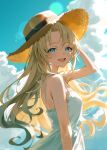  1girl blonde_hair blue_eyes blue_hair blue_sky commentary_request dress enu_illustip from_side gradient_hair hand_on_own_hat hat highres long_hair looking_at_viewer love_live! love_live!_hasu_no_sora_jogakuin_school_idol_club multicolored_hair open_mouth osawa_rurino outdoors sky sleeveless sleeveless_dress smile solo straw_hat sunlight virtual_youtuber white_dress 