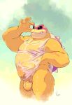 2026 absurd_res anthro balls barazoku belly biceps big_balls big_muscles big_penis bodily_fluids bottomless bottomless_anthro bottomless_male bulge clothed clothing dragon_koopa erection erection_under_clothing eyewear facial_hair genitals glans green_background hi_res humanoid_genitalia humanoid_penis koopa koopaling male mario_bros musclegut muscular muscular_anthro muscular_male nintendo non-mammal_balls pecs penis reptile roy_koopa scalie shell shirt signature simple_background smile solo spiked_shell spikes spikes_(anatomy) standing stubble sunglasses sweat tank_top teeth thick_arms thick_thighs topwear translucent translucent_clothing translucent_shirt translucent_tank_top translucent_topwear turtle ventesthefloof wet wet_body wet_clothing