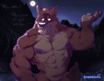  2021 5_fingers abs anthro areola biceps big_muscles brown_body brown_fur canid canine canis claws countershading denshi_(artist) dialogue digital_media_(artwork) english_text facial_scar finger_claws fingers forest full_moon fur grass hi_res light male mammal moon moonlight mountain muscular muscular_anthro muscular_male navel night nipples nude outside pecs plant scar signature sky smile solo star starry_sky talking_to_viewer teeth text tree were werecanid werecanine werewolf wolf yellow_sclera 
