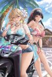  3girls absurdres aqua_bikini arm_up beach beret bikini bikini_skirt black_hair blonde_hair blue_sky braid braided_bangs breasts chisa_(peach_parfait)_(wuthering_waves) chisa_(wuthering_waves) cleavage collarbone commentary day denim denim_shorts english_commentary fruit_earrings hair_between_eyes hair_ornament hair_ribbon hairband hat highres large_breasts long_hair looking_at_viewer lucilla_(wuthering_waves) lynae_(peppermint)_(wuthering_waves) lynae_(wuthering_waves) makeup md5_mismatch motor_vehicle motorcycle multiple_girls navel on_motorcycle open_fly orange_hair outdoors parted_lips pink_bikini pink_ribbon plaid_bikini plaid_clothes purple_hair red_eyes reflection riarfian ribbon see-through_clothes see-through_shirt shirt shore shorts sigrika_(wuthering_waves) skirt sky smile stomach swimsuit white_hairband white_hat white_shirt white_skirt wuthering_waves 