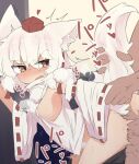  1boy 1girl animal_ear_fluff animal_ears arm_held_back bent_over blush breasts breasts_out brown_eyes clothed_female_nude_male clothed_sex clothes_pull commentary_request detached_sleeves fang female_pubic_hair fluffy_hair fluffy_tail grabbing_another's_arm grabbing_another's_tail grabbing_from_behind hat heavy_breathing hetero holding_another's_tail inubashiri_momiji looking_at_another looking_back motion_lines nipples nose_blush nude open_mouth pom_pom_(clothes) pubic_hair red_hat ribbon-trimmed_sleeves ribbon_trim ro_74 sex sex_from_behind short_hair solo_focus standing standing_doggystyle standing_sex sweat tail tail_grab tearing_up tokin_hat touhou trembling v-shaped_eyebrows white_hair white_pubic_hair wide_sleeves wolf_ears wolf_girl wolf_tail 