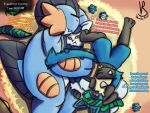 4:3 amphibian anthro bandana_on_head belle_(vanilla_road) bodily_fluids canid canine canis chest_spike cuddling drooling feet felid feline felis female finn_(vanilla_road) foot_on_face generation_3_pokemon generation_4_pokemon generation_6_pokemon group hand_spike hay_bed hi_res hug jackal jesse_(vanilla_road) kerchief lucario male mammal meowstic meowstic_(female) messy_fur morning nintendo pokemon pokemon_(species) pokemon_mystery_dungeon saliva size_difference sleeping spike_chunsoft spikes spikes_(anatomy) swampert tail tail_hug text trio vanilla_road waking_up
