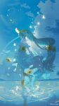  1girl :d absurdly_long_hair absurdres aqua_hair arm_garter artist_name blue_sky boots bow bowtie bug butterfly butterfly_hair_ornament butterfly_hat_ornament butterfly_wings caustics closed_eyes cloud cloudy_sky commentary day dress falling_petals fingerless_gloves floating_hair flower frilled_dress frills from_side full_body gloves glowing gradient_boots hair_flower hair_ornament hat hat_flower hat_ornament hatsune_miku high-low_dress high_heel_boots high_heels highres holding_own_dress insect_wings lace-up_boots long_hair low-tied_long_hair magical_mirai_(vocaloid) magical_mirai_miku magical_mirai_miku_(2026) mountainous_horizon omutatsu open-toe_boots open_mouth outdoors petals profile rainbow ripples sky sleeveless sleeveless_dress smile solo splashing standing standing_on_liquid standing_on_one_leg sunflower tiptoes twintails twitter_username very_long_hair vocaloid water water_drop white_boots white_bow white_bowtie white_butterfly white_dress white_gloves white_wings wings yellow_boots yellow_flower yellow_hat 