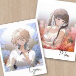  2girls :/ :o absurdres armpit_crease bare_arms bare_shoulders black_hair blonde_hair blue_eyes blue_flower blue_hair blunt_bangs blurry blurry_background blush breasts brown_hair character_name chromatic_aberration closed_mouth collarbone collared_shirt colored_inner_hair commentary double-parted_bangs dress fang fang_out flower flower_request gradient_hair hair_between_eyes hair_ribbon half-closed_eyes hand_on_own_arm hatopippi45 head_tilt highres light_particles long_hair looking_at_viewer looking_to_the_side medium_breasts multicolored_hair multiple_girls no_bra open_collar orange_flower original parted_lips partially_unbuttoned photo_(object) piercing_hole plumbago_(flower) polaroid_photo raised_eyebrow red_eyes red_flower red_hair ribbon shirt short_hair sleeveless sleeveless_dress small_breasts spaghetti_strap turning_head twintails untranslatable_commentary white_dress white_ribbon white_shirt wooden_floor 