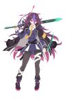 1girl :d black_boots black_pantyhose blue_dress boots chinese_commentary commentary_request dagger dress dual_wielding fibonacci_no_usagi full_body highres holding holding_dagger holding_knife holding_sword holding_weapon honkai_(series) honkai_gakuen houraiji_kyuushou knife long_hair looking_at_viewer necktie open_mouth pantyhose purple_eyes purple_hair reverse_grip simple_background smile solo standing sword weapon white_background yellow_necktie 