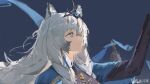  1girl animal_ears arknights arm_up bell bilibili_username blue_background blue_cloak blue_eyes braid braid_over_shoulder cloak closed_mouth commentary_request grey_hair hair_between_eyes highres lingear long_hair looking_ahead portrait pramanix_(arknights) pramanix_the_prerita_(arknights) snow_leopard_ears snow_leopard_girl solo twintails 