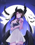  1girl :3 absurdres asymmetrical_horns bare_shoulders black_hair black_wings blue_hair breasts cleavage closed_mouth colored_inner_hair commentary cowboy_shot dress empire_waist english_commentary falling_feathers feathered_wings feathers flower flower_knot full_moon hair_ornament hand_up highres hololive hololive_english horn_flower horns large_breasts long_hair looking_at_viewer low_wings mole mole_under_eye moon multicolored_hair musical_note musical_note_hair_ornament nerissa_ravencroft nerissa_ravencroft_(nighttime_princess) night official_alternate_costume outdoors panties_visible_through_clothes see-through_silhouette short_dress sidelocks sleeveless sleeveless_dress slit_pupils solo standing strapless strapless_dress thigh_strap uneven_horns very_long_hair virtual_youtuber white_dress wings zambonito 
