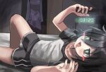  2girls :d absurdres bags_under_eyes bed bedroom black_hair black_shirt black_shorts blush blush_stickers cellphone clock commentary digital_clock drooling english_commentary green_eyes hair_between_eyes highres holding holding_phone indoors kagana_helsuki kuroki_tomoko long_hair lying mother_and_child mother_and_daughter multiple_girls on_back on_bed parent_and_child phone shirt shorts smartphone smile solo solo_focus watashi_ga_motenai_no_wa_dou_kangaetemo_omaera_ga_warui! white_shirt 
