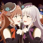  2girls aiba_aina bang_dream! bang_dream!_girls_band_party! barkhorn0331 black_hat brown_eyes brown_hair commentary_request detached_sleeves eye_contact grey_hair half_updo hat highres imai_lisa long_hair looking_at_another lossy-lossless minato_yukina multiple_girls nakashima_yuki one_eye_covered open_mouth photo-referenced pinky_swear sidelocks singing stitched voice_actor_connection yuri 