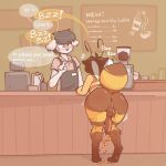 1:1 absurd_res antennae_(anatomy) anthro anus arthropod arthropod_abdomen balls barista bee big_butt big_penis bodily_fluids brown_body brown_hair butt canid canine canis coffee_shop cum dialogue domestic_dog duo ejaculation english_text exhibitionism femboy flavored_cum food genital_fluids genitals hair hands-free hi_res honey_(food) honey_cum humanoid_genitalia humanoid_penis hymenopteran insect insect_wings male male_focus mammal mazus_(tinysmallman) penis presenting presenting_hindquarters public public_nudity spontaneous_ejaculation text tinysmallman unusual_bodily_fluids unusual_cum unusual_genital_fluids wings yellow_body