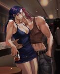  2girls absurdres alcohol arcane:_league_of_legends arcane_caitlyn arcane_vi arm_tattoo back_tattoo belt blue_dress blue_hair blush breasts butch/femme_couple caitlyn_(league) closed_eyes crop_top cup dress drinking_glass hand_in_pocket hand_on_another's_waist highres kiss kissing_neck league_of_legends long_hair multiple_girls muscular muscular_female navel neck_tattoo pants pink_hair scarlettismm short_hair smile tattoo vi_(league) yuri 