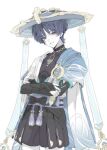  1boy anemo_symbol_(genshin_impact) aqua_gem belt black_belt black_bow black_bridal_gauntlets black_hakama black_shorts black_tank_top blue_cape blue_eyes blue_hair blue_hat bow bridal_gauntlets cape commentary_request covered_collarbone cowboy_shot crossed_arms eyeshadow f0reigner_ii gem genshin_impact gold_necklace gold_ring hakama hakama_shorts hat highres japanese_clothes jellyfish_cut jewelry jingasa korean_commentary looking_at_viewer makeup male_focus mandarin_collar necklace open_clothes open_shirt pale_skin parted_bangs pom_pom_(clothes) red_eyeshadow rope scaramouche_(genshin_impact) shirt short_hair short_sleeves shorts simple_background smile solo standing tank_top tassel teeth vision_(genshin_impact) wanderer_(genshin_impact) white_background white_shirt 