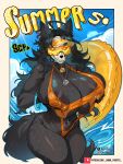absurd_res anthro artist_name bell bell_collar belly big_breasts bikini black_body black_fur bone breast_grab breasts camel_toe canid canine cel_shading clothed clothing collar damnpai english_text female female_anthro fur genitals hand_on_breast hat headgear headwear hi_res huge_breasts mammal navel navel_piercing nipple_outline nipples nipples_visible_through_clothing piercing revealing_outfit scp-1471-a scp_foundation shaded skimpy skull skull_dog solo squeezing string_bikini swimwear text thick_thighs two-piece_swimsuit url visor visor_cap vulva wide_hips