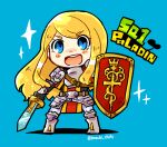  1girl armor belt blonde_hair blue_background blue_eyes breastplate brown_belt character_name chibi chibi_only commentary_request faulds full_body holding holding_shield holding_sword holding_weapon legs_apart long_hair looking_at_viewer motimamire paladin_(sekaiju) paladin_2_(sekaiju) pauldrons sekaiju_no_meikyuu sekaiju_no_meikyuu_1 shadow shield shoulder_armor sidelocks simple_background solo sword twitter_username weapon 