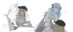  ... 2girls bang_dream! bang_dream!_it's_mygo!!!!! black_hat black_ribbon blonde_hair blue_hair blush chinese_commentary closed_mouth commentary_request hair_ribbon hat highres long_sleeves misumi_uika multiple_girls parted_lips peaked_cap pigeonfish4 purple_eyes ribbon shirt short_sleeves simple_background spoken_ellipsis sweatdrop togawa_sakiko white_background white_shirt yellow_eyes yuri 