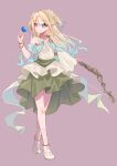  1girl bare_shoulders birthday blonde_hair blue_butterfly blue_eyes blue_hair bracelet bug butterfly commentary full_body gradient_hair half_updo hasunosora_fantasy highres holding holding_staff jewelry love_live! love_live!_hasu_no_sora_jogakuin_school_idol_club macken666 mage_staff multicolored_hair necklace osawa_rurino pink_background pointy_ears staff standing two_side_up 