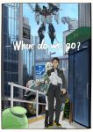  1boy 1girl absurdres alyzeus amuro_ray black_jacket blonde_hair brown_hair char's_counterattack char_aznable cityscape commentary english_text gigi_andalusia gundam gundam:_hathaway's_flash haro hathaway_noa helmet highres holding holding_unworn_helmet iknsk jacket mecha mobile_suit multicolored_jacket non-humanoid_robot pants penelope_(hathaway's_flash) pet robot track_pants untranslatable_commentary unworn_headwear unworn_helmet xi_gundam yellow_jacket 