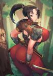  1girl armor black_hair bodysuit breasts brown_eyes closed_mouth commentary_request fingerless_gloves forest gloves highres holding holding_sword holding_weapon katana large_breasts long_hair looking_at_viewer looking_back madsensei nature ninja outdoors parted_bangs ponytail red_bodysuit red_gloves shoulder_armor solo soulcalibur sweat sword taki_(soulcalibur) weapon 
