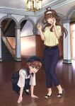  2girls ahoge black_hat black_pants black_sailor_collar black_shoes black_skirt brown_eyes chandelier closed_eyes commentary_request double_bun hair_bun hand_on_own_face hat headgear highres hitakikan indoors kantai_collection kongou_(kancolle) kongou_(kure)_(kancolle) long_hair long_skirt looking_at_reflection multiple_girls open_mouth pants sailor_collar sailor_shirt shirt shoes short_hair skirt smile squatting stairs white_shirt wooden_floor yellow_shirt yukikaze_(kancolle) yukikaze_(kure_2025)_(kancolle) 