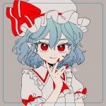  1girl 4lily ascot blue_hair bow closed_mouth commentary fang frilled_ascot frilled_sleeves frills grey_background hair_bow hand_up hat highres looking_at_viewer medium_hair mob_cap nail_polish puffy_short_sleeves puffy_sleeves red_ascot red_bow red_eyes red_nails remilia_scarlet shirt short_sleeves signature simple_background sleeve_bow smile solo touhou upper_body white_hat white_shirt 
