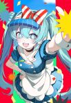  +_+ 1girl apron aqua_eyes aqua_hair black_collar bow collar commentary_request contrast_collar dress hair_bow hat hatsune_miku highres long_hair mesmerizer_(vocaloid) open_mouth outside_border pillarboxed pinstripe_dress pinstripe_hat pinstripe_pattern puffy_short_sleeves puffy_sleeves red_bow samowasa short_sleeves smile solo striped_clothes teeth twintails two-tone_bow upper_teeth_only very_long_hair visor_cap vocaloid waist_apron waitress white_background white_wrist_cuffs wrist_cuffs 