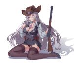  1girl absurdres ammunition belt_pouch between_breasts black_gloves black_shoes black_skirt black_vest breasts brown_hat brown_panties brown_thighhighs card card_between_breasts cleavage closed_mouth collared_shirt commentary_request cowboy_hat double-parted_bangs full_body gloves grey_hair grey_shirt gun hair_between_eyes half_gloves hand_on_own_chest hat heiyanshu high_heels highres holding holding_gun holding_weapon id_card lace lace-trimmed_thighhighs lace_garter_straps lace_panties lace_trim large_breasts light_smile long_hair long_sleeves looking_at_viewer miniskirt original panties pantyshot partially_unbuttoned pencil_skirt pouch pumps purple_eyes shadow shirt shoes shotgun shotgun_shell side_slit sidelocks simple_background sitting skirt solo split_mouth thighhighs underwear very_long_hair vest weapon weapon_request white_background yokozuwari 