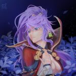  1girl absurdres artist_name blue_eyes breasts cape cleavage commentary_request criss-cross_halter dated double-parted_bangs earrings falling_leaves fire_emblem fire_emblem:_genealogy_of_the_holy_war fire_emblem_heroes gem gold_tiara green_gem hair_between_eyes halterneck hand_on_own_chest high_ponytail highres ishtar_(fire_emblem) ishtar_(resplendent)_(fire_emblem) jewelry leaf long_hair long_sleeves medium_breasts night official_alternate_costume ponytail purple_hair red_cape sidelighting sidelocks signature solo upper_body very_long_hair yeeej 