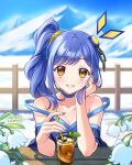  1girl artist_name bare_shoulders blue_choker blue_hair blue_nails blue_sky blush breasts brown_eyes choker cleavage collarbone commentary cropped day double_strap_slip drink drinking_straw emi_kitori english_commentary eyelashes facial_mark fingernails flower food fruit glass grin hair_ornament hand_on_own_face head_rest highres holding holding_drinking_straw ice ice_cube leaf lemon lemon_slice lips long_hair mountain mountainous_horizon nail_polish outdoors piruluk shadow side_ponytail sky smile snow solo strap_slip teeth triangle triangle_facial_mark white_flower wixoss 