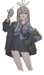  1girl black_jacket black_necktie black_skirt blue_archive blue_shirt collared_shirt commentary contrapposto cropped_legs drink grey_eyes grey_hair halo hand_on_own_hip hawaiian_shirt highres holding holding_drink jacket konoka_(blue_archive) long_hair long_sleeves looking_at_viewer mask mask_pull minamina_glint mouth_mask necktie off_shoulder open_mouth pleated_skirt shirt simple_background skirt solo standing twitter_username white_background white_mask 