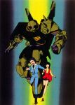  1980s_(style) 1boy 1girl aeug artist_request black_hair cable commentary_request couple fa_yuiry fleeing gundam hizack holding_hands kamille_bidan mecha military_uniform mobile_suit official_art one-eyed_mecha promotional_art purple_eyes retro_artstyle robot running running_towards_viewer scan science_fiction shield shoulder_spikes shouting spikes titans_(gundam) traditional_media zeta_gundam 