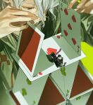  3boys absurdres ace_(playing_card) ace_of_clubs ace_of_spades bandaged_arm bandaged_hand bandages black_coat black_hair black_pants black_shoes blue_pants brown_sandals card closed_mouth club_(shape) coat collared_coat danganronpa_(series) danganronpa_2:_goodbye_despair downturned_eyes earrings eyelashes fingernails forehead frown green_background green_jacket grey_eyes grey_hair hair_between_eyes hair_over_one_eye half-closed_eyes heterochromia high_collar highres holding holding_string hood hood_down hooded_jacket house_of_cards jacket jewelry komaeda_nagito long_hair_between_eyes long_sleeves looking_ahead looking_at_another lying messy_hair mini_person miniboy multicolored_hair multiple_boys nidai_nekomaru on_stomach open_clothes open_coat open_jacket pale_skin pants playing_card pointy_nose purple_scarf red_eyes sad saman_zero7 sandals scar scar_across_eye scar_on_face scarf shirt shoes short_hair sideburns simple_background single_earring size_difference sleeve_cuffs spade_(shape) sphere_earrings spoilers streaked_hair string suit_pants tanaka_gundham two-tone_hair very_short_hair white_hair white_shirt 