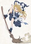  1girl :o apron black_hat black_skirt black_vest blonde_hair bobby_socks bow braid broom broom_riding buttons commentary_request duplicate dust dust_cloud flying frilled_apron frilled_hat frilled_skirt frills full_body hair_bow hat hat_bow highres inuno_rakugaki kirisame_marisa long_hair motion_lines open_mouth pixel-perfect_duplicate puffy_short_sleeves puffy_sleeves shirt shoes short_sleeves side_braid simple_background single_braid skirt skirt_set socks solo touhou v-shaped_eyebrows vest waist_apron white_apron white_background white_bow white_shirt white_socks witch_hat yellow_eyes 