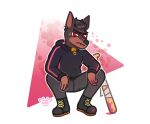  angry anthro baseball_bat bat_(object) black_body black_fur black_hair black_skin blood blood_on_arm blood_on_clothing blood_on_weapon bodily_fluids boots bottomwear brown_body brown_fur brown_skin canid canine canis chibi clothed clothing collar colored crouching digital_drawing_(artwork) digital_media_(artwork) dobermann domestic_dog ears_up fangs fingers footwear fur hair hi_res hoodie jacket kain_vanderhilt laced_boots looking_at_viewer male mammal melee_weapon pants pinkmarky pinscher red_eyes serious simple_background slav_squat solo teeth toony topwear watermark weapon 