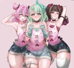  3girls absurdres angels_of_delusion aria_(human)_(cuteness_loading)_(zenless_zone_zero) aria_(human)_(zenless_zone_zero) aria_(zenless_zone_zero) arm_up arm_warmers armpits bare_shoulders black_choker black_hair blue_eyes bow character_print choker closed_mouth collarbone cowboy_shot deser99 double_v green_eyes green_hair hair_bow hair_ornament hairclip halo highres looking_at_viewer multicolored_hair multiple_girls nangong_yu nangong_yu_(heartfelt_support) official_alternate_costume one_eye_closed pink_background pink_hair pink_shirt red_eyes self_character_print shirt shorts simple_background smile streaked_hair striped_arm_warmers sunna_(delusions_in_business)_(zenless_zone_zero) sunna_(zenless_zone_zero) thigh_strap thighhighs twintails v v_over_eye white_thighhighs zenless_zone_zero 