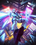  1girl absurdres billboard broken_glass broken_window cityscape commentary dual_wielding falling firing firing_at_viewer glass gun highres holding holding_gun holding_weapon holster long_hair looking_at_viewer neon_lights night omnic overwatch perspective red_shoes road robot_girl shion_(overwatch) shoes solo street suit thigh_holster weapon white_hair white_suit yazukiyy 
