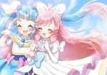  2girls ^_^ ahoge artist_name arupaka565656 ascot blue_bow blue_cape blue_dress blue_hair bow braid brooch cape center_frills closed_eyes commentary crown_braid cure_prism cure_sky cut_bangs detached_sleeves dress dress_bow earclip earrings elbow_gloves facing_viewer feathers frilled_dress frills fringe_trim glove_bow gloves hair_bow hair_ornament highres hirogaru_sky!_precure holding_hands jewelry layered_dress long_hair magical_girl medium_dress multicolored_hair multiple_girls nijigaoka_mashiro open_mouth pink_bow pink_hair pixiv_username precure puffy_detached_sleeves puffy_sleeves single_earring sleeveless sleeveless_dress smile sora_harewataru standing streaked_hair twintails two-sided_cape two-sided_fabric two-tone_dress two-tone_hair very_long_hair white_ascot white_bow white_dress white_feathers white_gloves wing_brooch wing_hair_ornament 