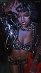  1girl absurdres belt black_background black_belt black_bra black_choker black_hair black_jacket black_nails bling bra breasts cheek_piercing choker claw_pose cleavage cropped_jacket dark-skinned_female dark_skin eyebrow_piercing eyelashes face_piercing fangs guitar heart heart_piercing highres holding holding_guitar holding_instrument instrument jacket labret_piercing leather leather_jacket looking_at_viewer mole mole_under_eye nail_polish navel navel_piercing nigelgraz nose_piercing original piercing red_eyes septum_piercing short_hair short_shorts shorts simple_background solo sparkle spiked_belt spiked_bra spiked_choker spikes underwear 