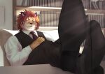  anthro clothing dress_shoes felid footwear fur hair itsumi28593 library lifewonders male mammal muscular muscular_anthro muscular_male necktie nomad_(tas) pantherine red_hair shoes solo striped_body striped_fur stripes tiger tokyo_afterschool_summoners topwear vest video_games 