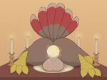  4:3 anal anthro anus avian avian_feet backsack balls big_balls biped bird bird_feet candle creature_sp egg feathers furniture galliform genitals hi_res holidays lying male on_front on_table oviposition perineum phasianid plate raised_tail rear_view solo table tail_feathers thanksgiving turkey 