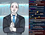  1boy black_jacket blue_necktie breaking_news character_request check_commentary commentary_request dress_shirt jacket journalist necktie nervous nervous_sweating real_life rusizel russian_text shirt short_hair suit sweat sweatdrop translation_request twitch.tv twitch_chat very_short_hair white_hair white_shirt 