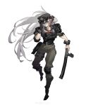  1girl absurdres adjusting_clothes adjusting_headwear arknights baton_(weapon) black_hat body_armor chinese_commentary collared_shirt commentary elbow_pads floating_hair full_body grey_hair grey_pants grey_shirt hat highres holding holding_baton_(weapon) holding_weapon horns id_card jinrou_da_niao_ren kepi knee_pads long_hair military_hat official_alternate_costume one_eye_covered orange_eyes pants saria_(arknights) saria_(the_law)_(arknights) shirt shoulder_pads simple_background sleeves_rolled_up solo thigh_strap tonfa very_long_hair weapon white_background 