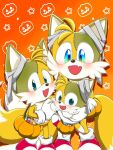  3boys :d animal_ears animal_nose bandages blue_eyes chibi classic_tails commentary_request fang fox_boy fox_ears fox_tail furry furry_male gloves halloween halloween_bucket jack-o'-lantern looking_at_viewer male_focus multiple_boys multiple_persona multiple_tails open_mouth orange_background red_shoes roshii_(roshi_loshi_641) shoes simple_background skin_fang smile sonic_&amp;_friends sonic_(series) sonic_the_hedgehog_(classic) stitches tail tails_(sonic) white_gloves zombie 