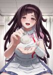  1girl absurdres apron bandaged_arm bandages black_hair blush breasts commentary_request danganronpa_(series) danganronpa_2:_goodbye_despair feeding_viewer highres holding holding_spoon hospital indoors long_hair looking_at_viewer mole mole_under_eye nurse open_mouth purple_eyes sasatake012345 smile solo spoon tsumiki_mikan white_apron 