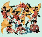  1boy absurdres batman_(series) belt black_hair bodysuit cape commentary dc_comics dick_grayson domino_mask eye_mask gloves green_gloves highres luvytortur93 male_focus mask multicolored_bodysuit robin_(dc) solo superhero_costume taut_bodysuit taut_clothes two-tone_bodysuit utility_belt yellow_cape 