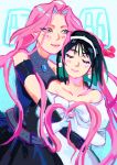  2girls absurdres alien_stage black_hair bob_cut closed_eyes dress earrings elbow_gloves gloves green_eyes hair_between_eyes highres jewelry long_hair mizi_(alien_stage) multiple_girls pearl_earrings pink_hair purple_eyes simple_background smile sua_(alien_stage) thick_eyebrows uhohbigyike white_background white_dress white_gloves 