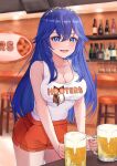  1girl alcohol alternate_breast_size_(larger) alternate_costume bare_shoulders beer beer_mug blue_eyes blue_hair blush brand_of_the_exalt breasts cleavage cup employee_uniform fire_emblem fire_emblem_awakening hair_between_eyes highres holding hooters large_breasts long_hair looking_at_viewer lucina_(fire_emblem) mug mugitoro_(dsfv2277) open_mouth orange_shorts print_tank_top short_shorts shorts smile solo tank_top tiara waitress 