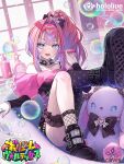  1girl ahoge arm_warmers asymmetrical_legwear black_boots black_bow black_skirt black_thighhighs blue_eyes boots bow choker commentary_request dress fangs fishnet_socks fishnets frilled_thigh_strap hair_bow heart heart_print hololive hololive_dev_is hololive_official_card_game indoors kikirara_vivi kikirara_vivi_(flowglow_uniform) knees_up leg_up long_hair looking_at_viewer mismatched_legwear multicolored_hair official_alternate_costume official_art open_mouth pink_hair purple_hair red_arm_warmers samo_cha sitting skirt socks solo spiked_choker spikes symbol-shaped_pupils thigh_strap thighhighs two-tone_hair uneven_legwear virtual_youtuber 