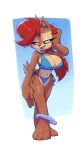  3_toes anthro archie_comics barefoot big_breasts bigdad bikini breasts chipmunk clothing feet female ground_squirrel hand_on_head hi_res mammal plantigrade rodent sally_acorn scar sciurid sega side-tie_bikini solo sonic_the_hedgehog_(archie) sonic_the_hedgehog_(comics) sonic_the_hedgehog_(series) swimwear toes 